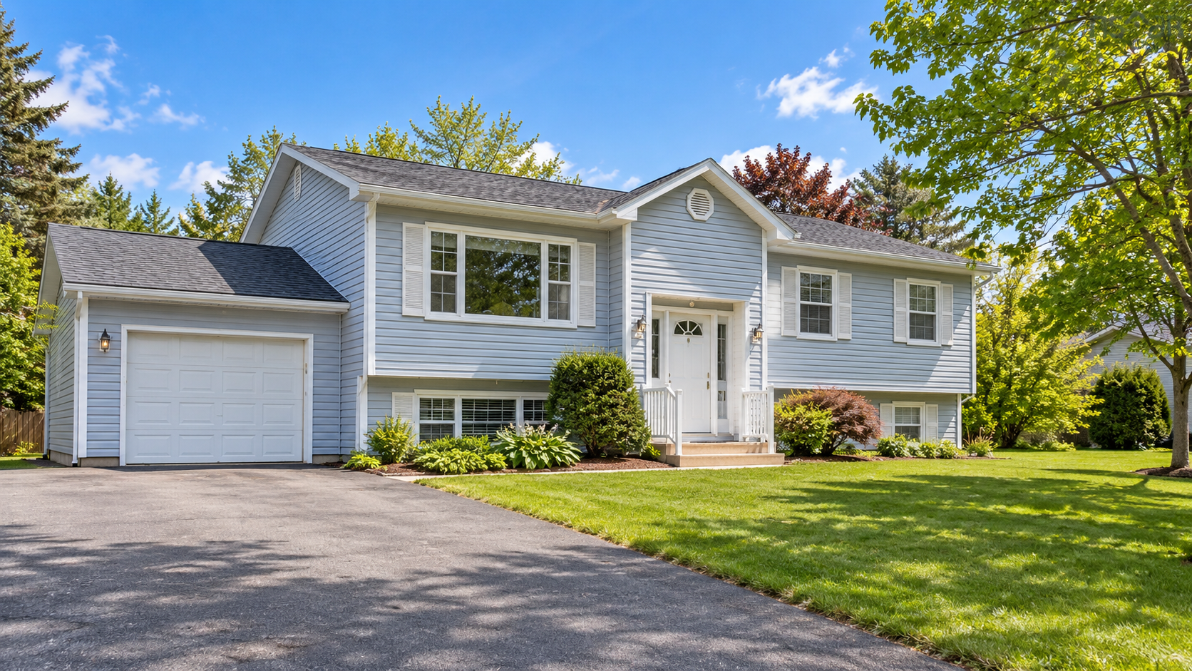 Blue-gray split-entry home with attached garage and front lawn