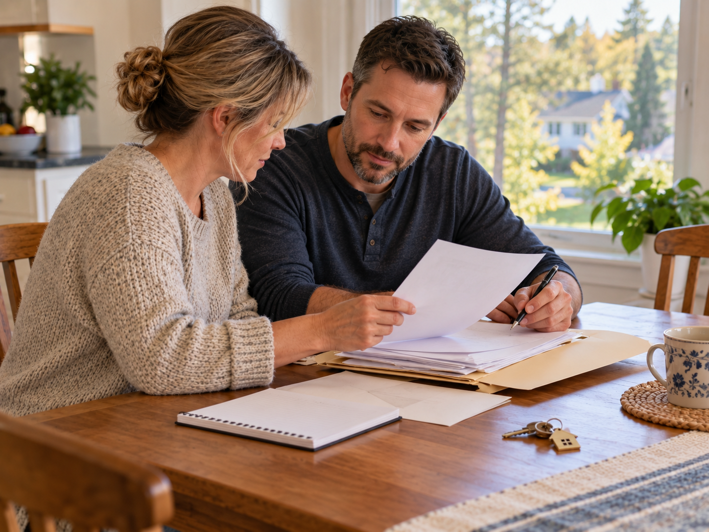 Couple reviewing home-sale and moving paperwork at a table