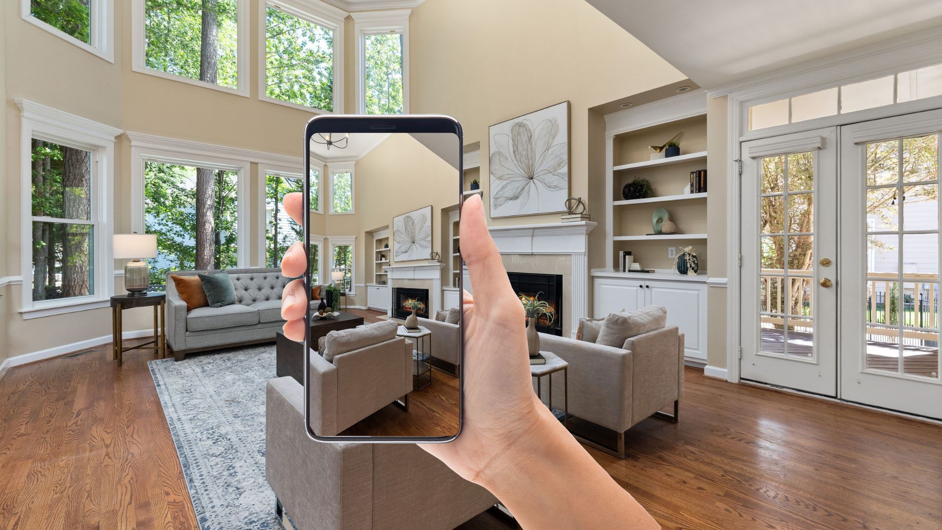 Phone showing a virtual home tour during a property viewing near Greenwood, Nova Scotia.