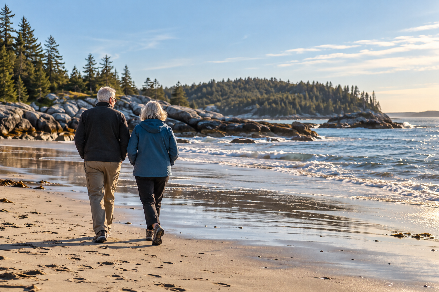 Older couple walking on a Nova Scotia beach enjoying more freedom and leisure time