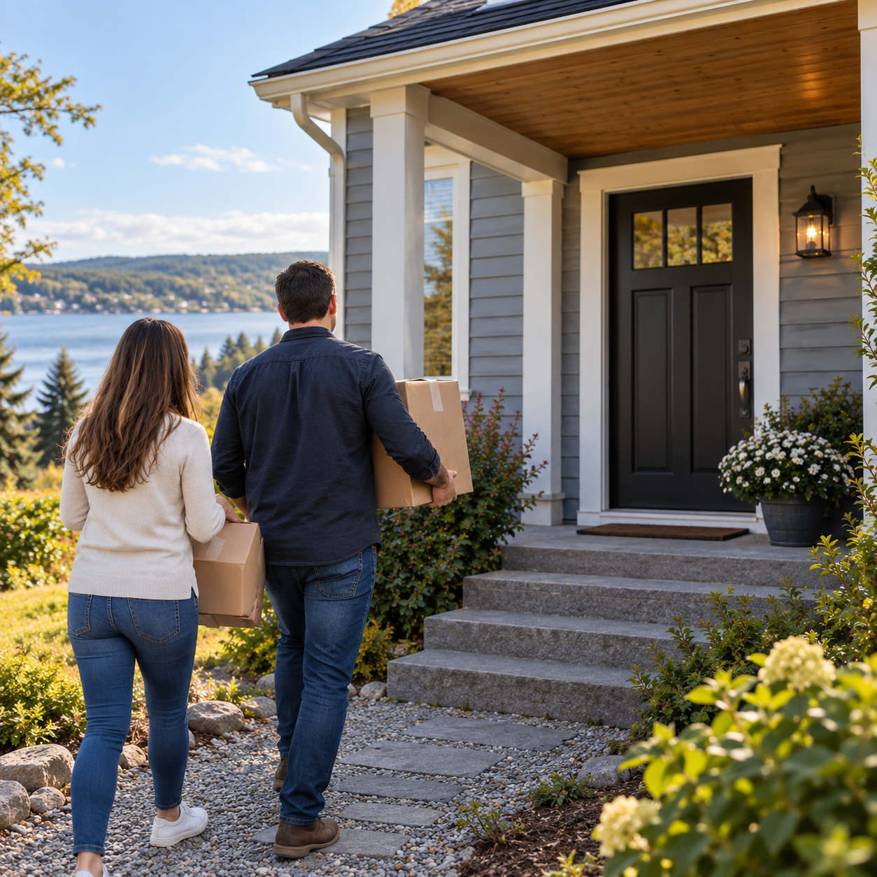 Buyers arriving at their new Nova Scotia home with moving boxes