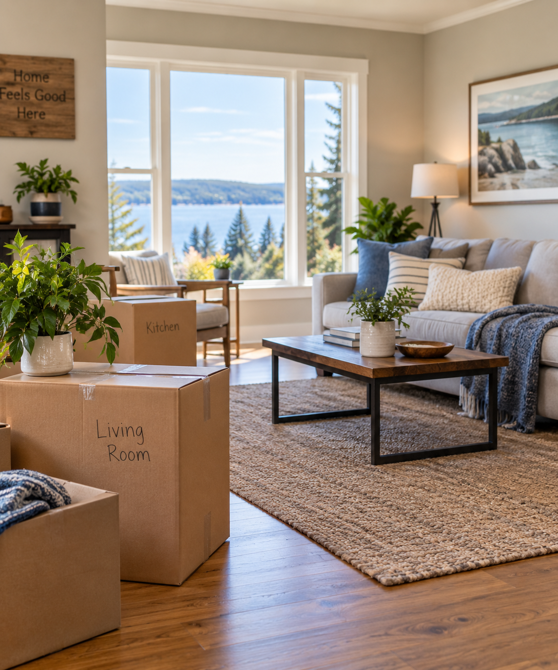 Living room with packed moving boxes as homeowners prepare for closing