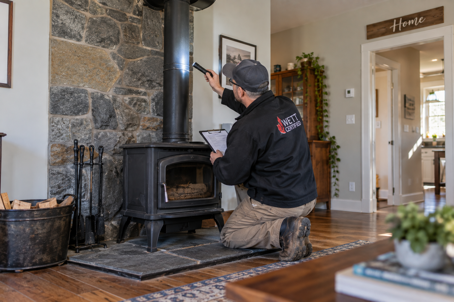 Professional inspecting a residential wood-burning system
