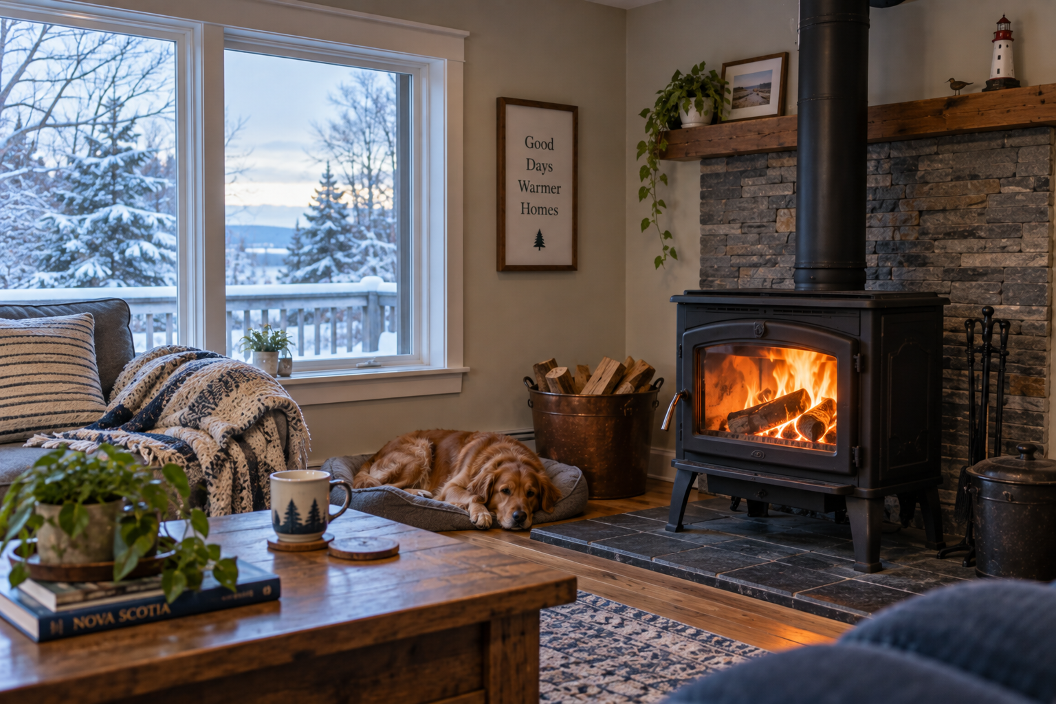 Wood stove providing heat during colder Nova Scotia weather