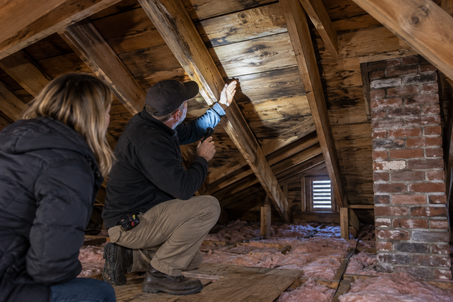 Roof structure being inspected in the attic of an older home