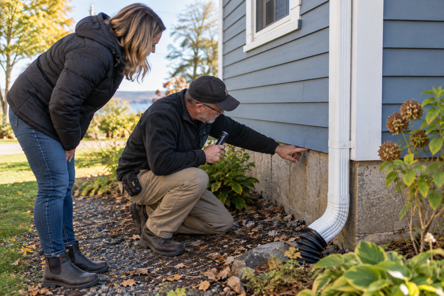 Inspector evaluating the exterior and drainage around a home