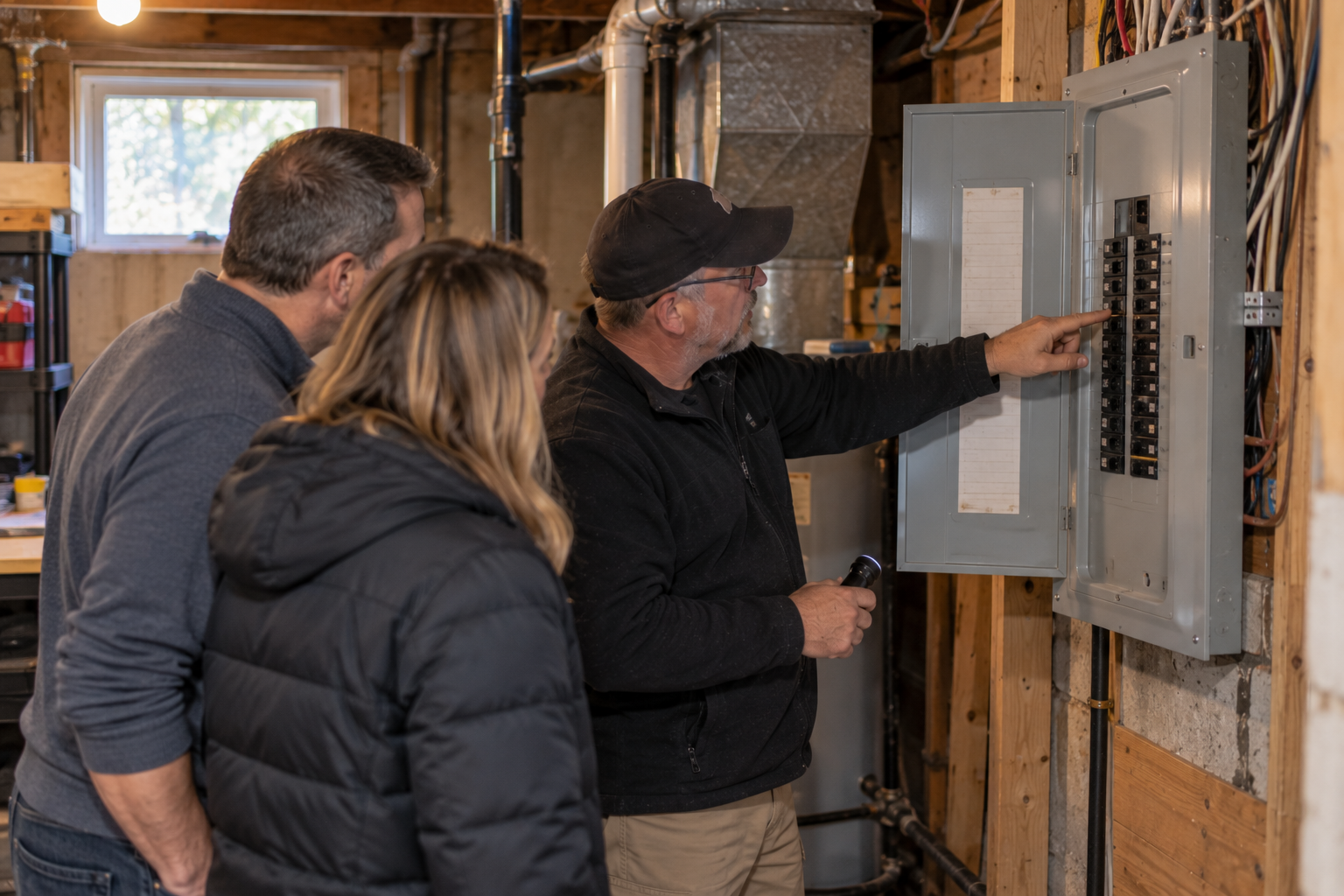 Electrical panel being examined during a home inspection
