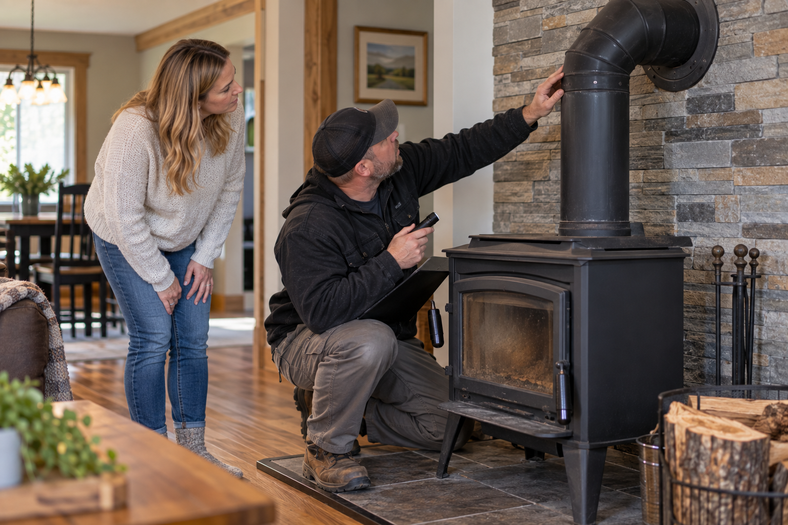 Wood-burning system being inspected in a Nova Scotia home