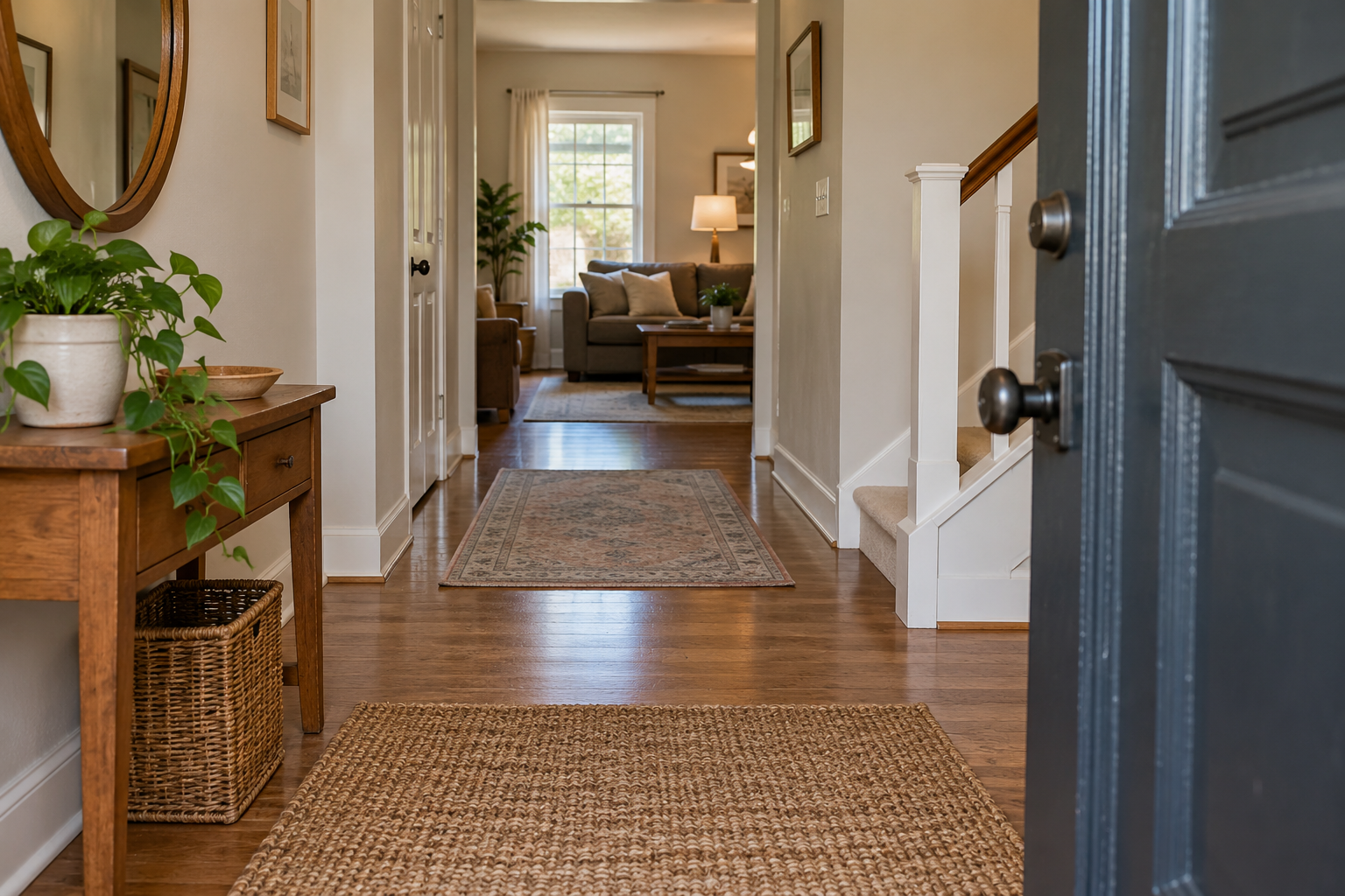 A tidy home entrance with a clear walkway prepared for a real estate showing.