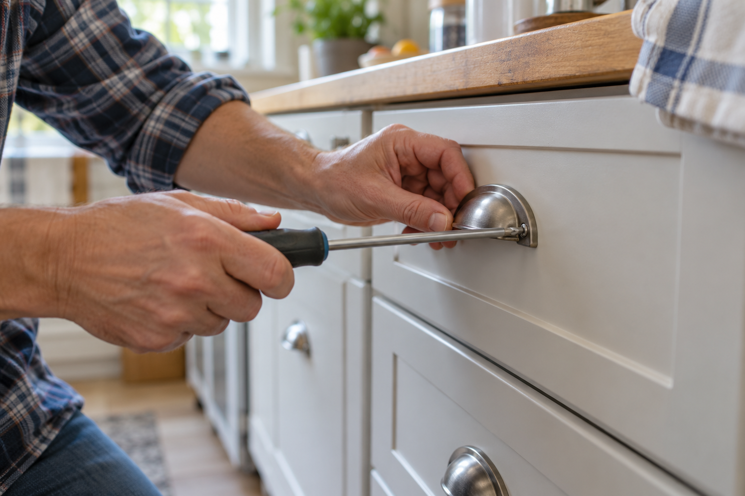 Hands tightening a loose kitchen cabinet handle with a screwdriver.
