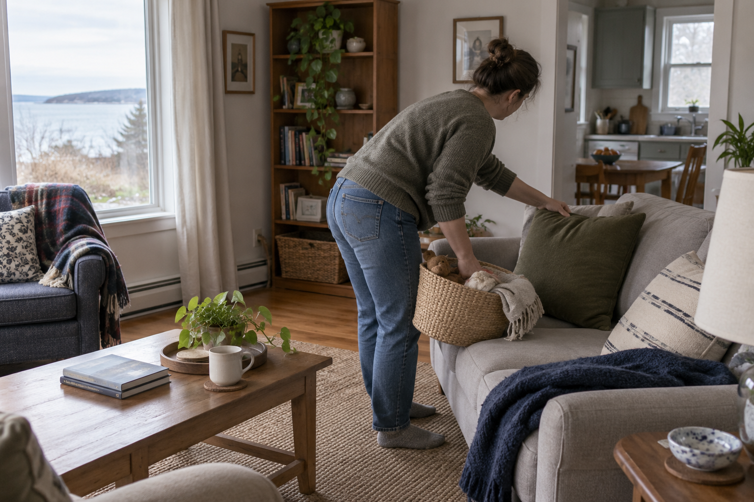 A homeowner tidies a lived-in living room before listing photography.
