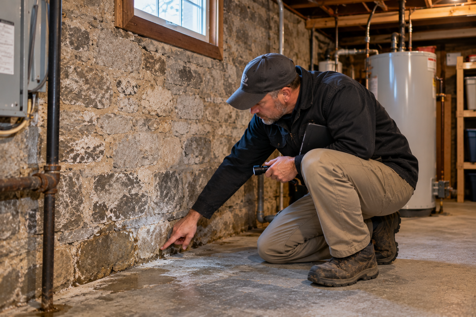 Home inspector evaluating signs of moisture in a residential basement