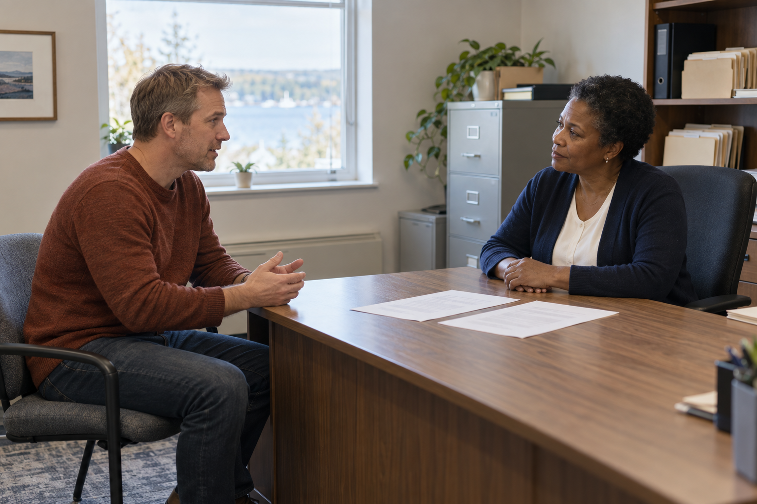 Buyer discussing a purchase agreement with a lawyer