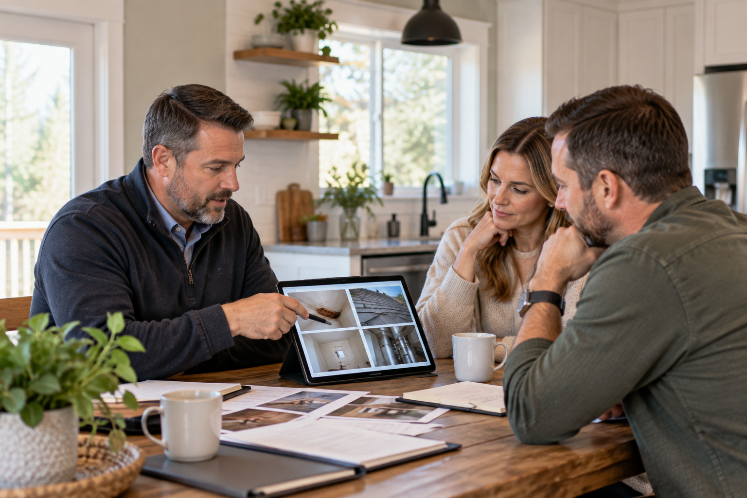 Home buyers discussing options after receiving an inspection report