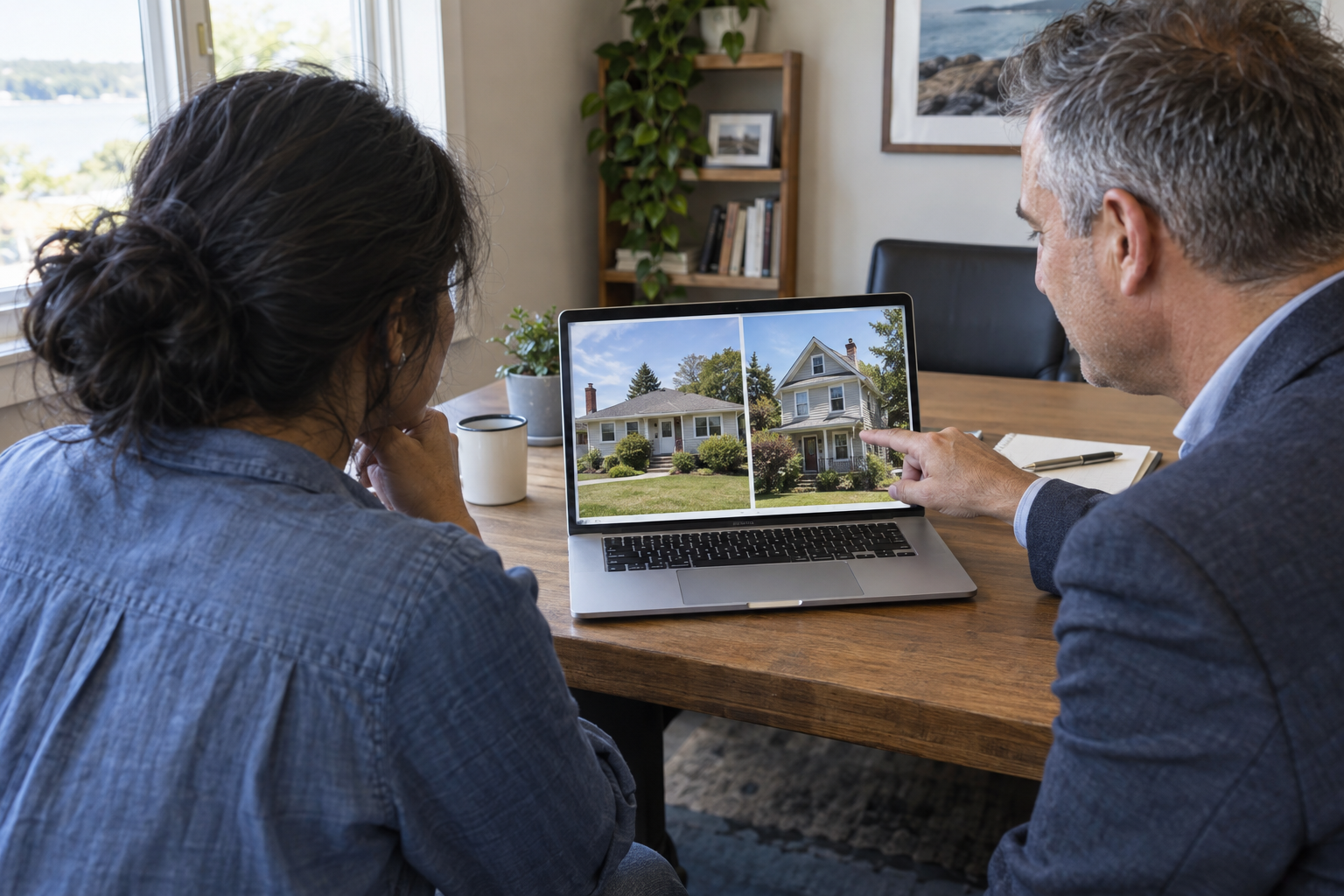 Buyer and REALTOR® comparing homes before deciding on an offer price