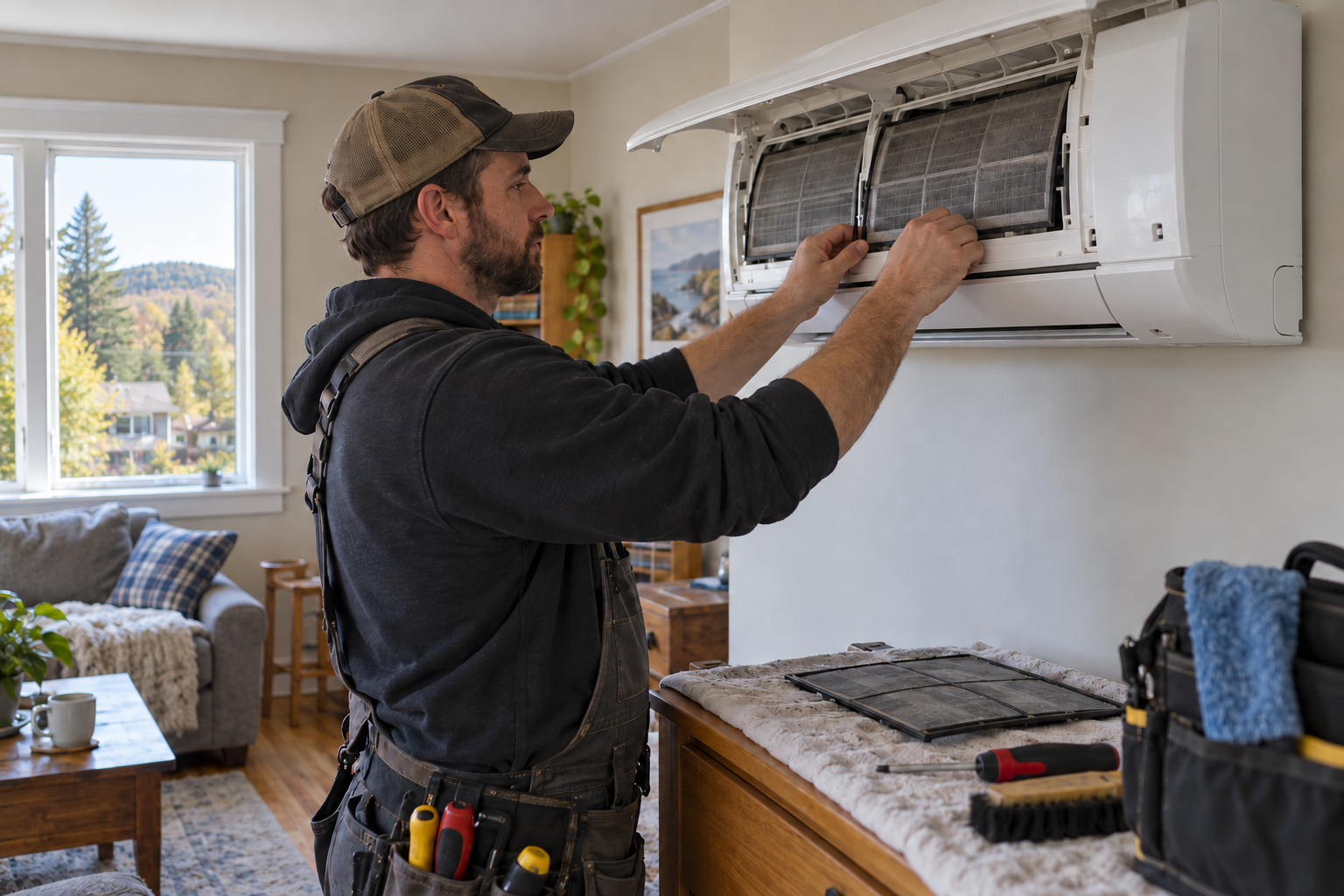 A home maintenance professional working on a heat pump in a house.