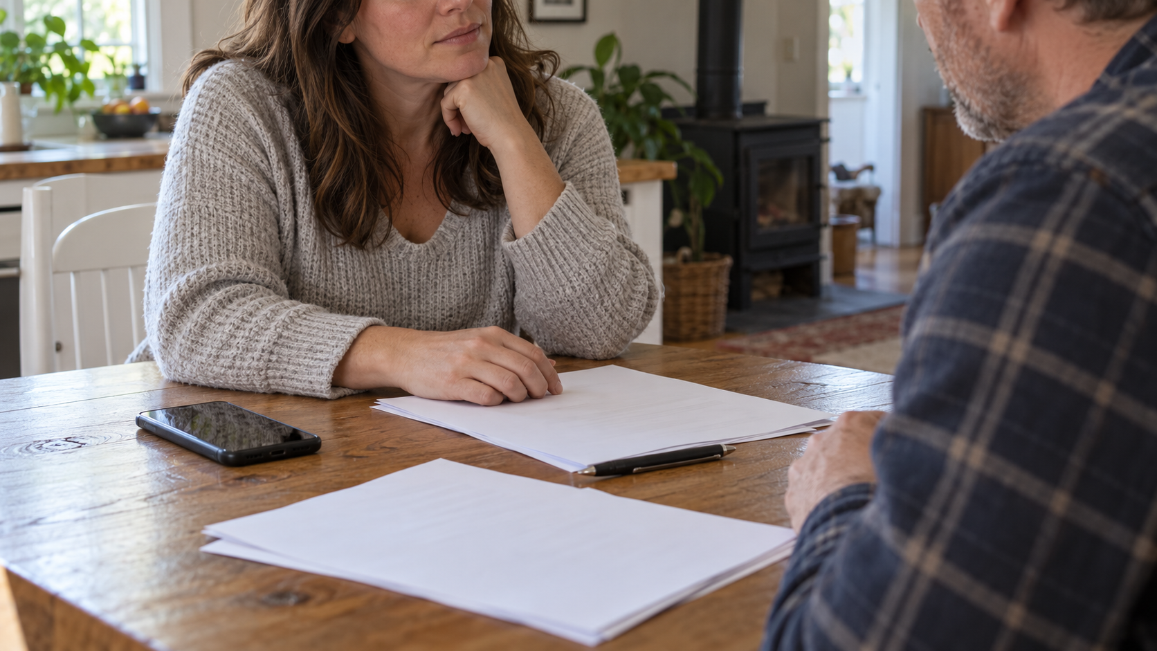 Blank offer papers, a pen and a phone on a table during a home-sale discussion.