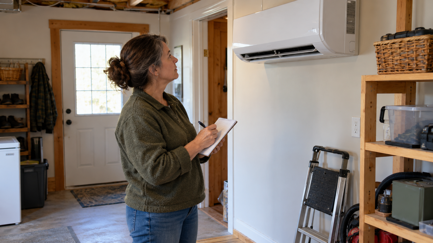 Homeowner checking a wall-mounted heat pump and recording a property detail before listing.