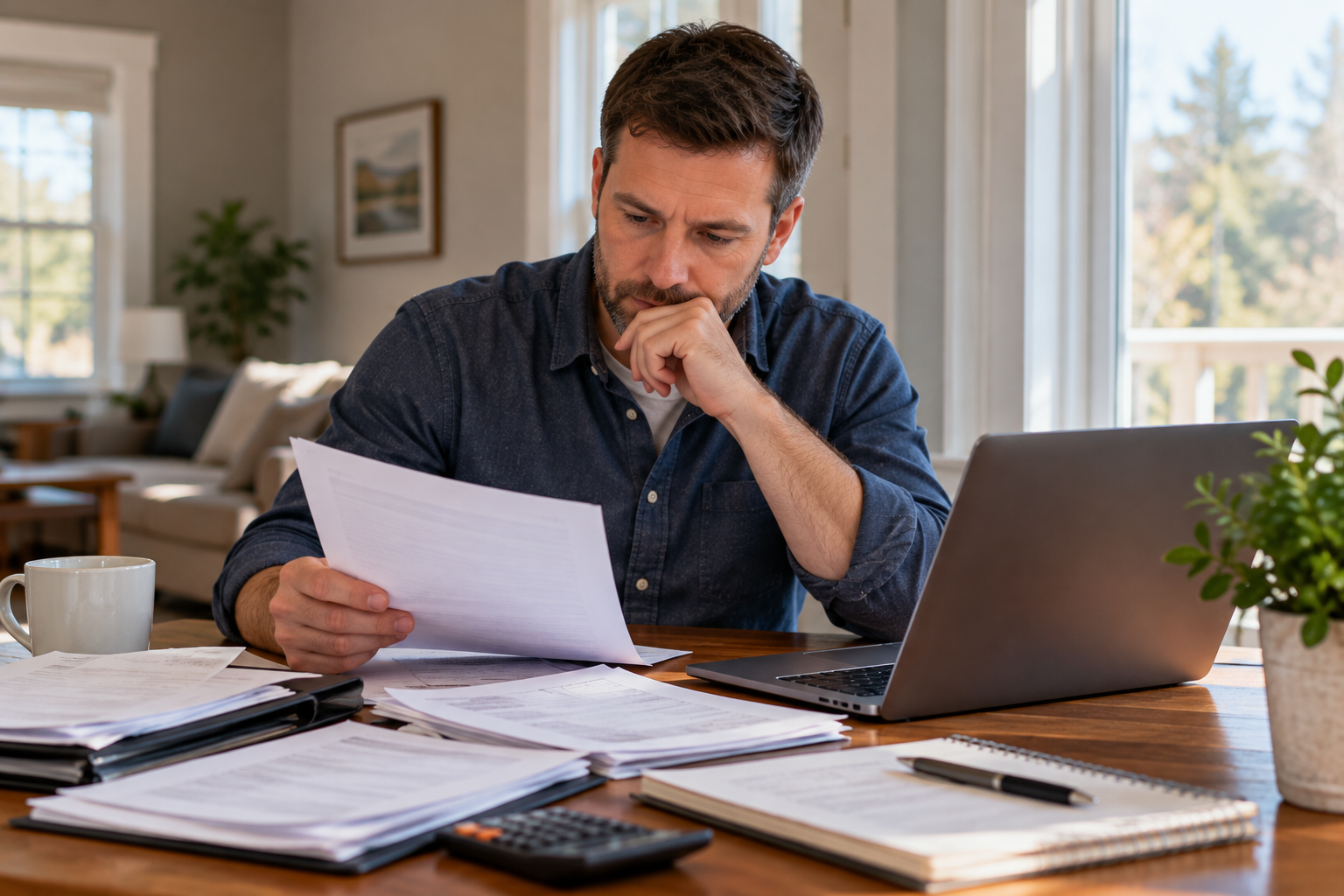 Homebuyer reviewing financial records for mortgage down payment verification