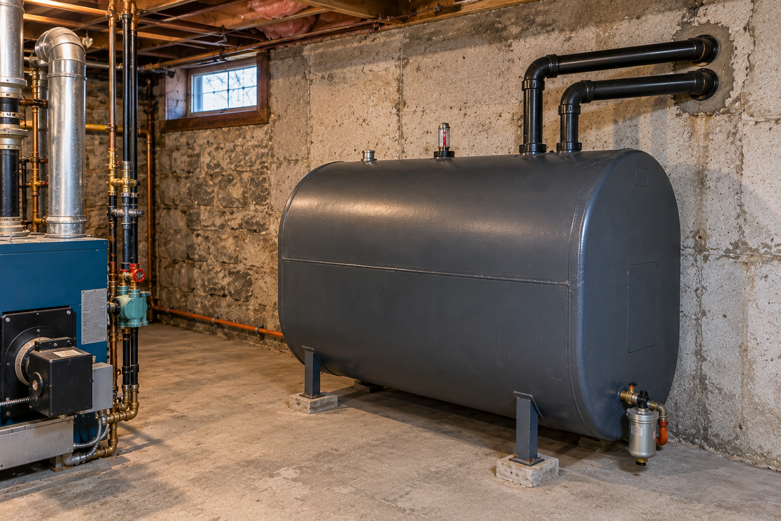 Residential heating oil storage tank in a Nova Scotia home basement