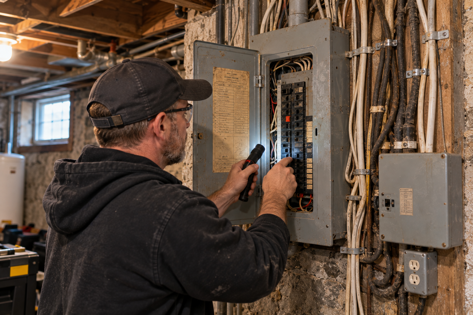Electrician assessing an electrical panel in an older residential home
