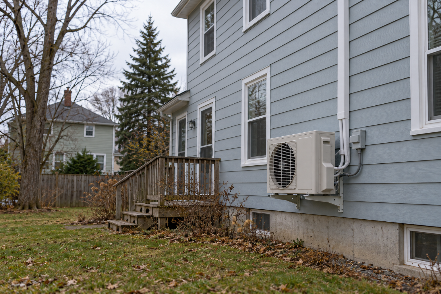 An outdoor heat-pump unit mounted on an ordinary home in an inland residential neighborhood.