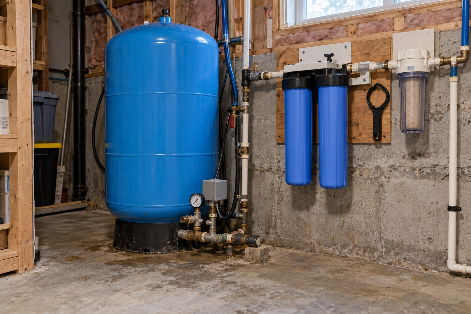 A pressure tank and water-treatment equipment in a home with a private well.