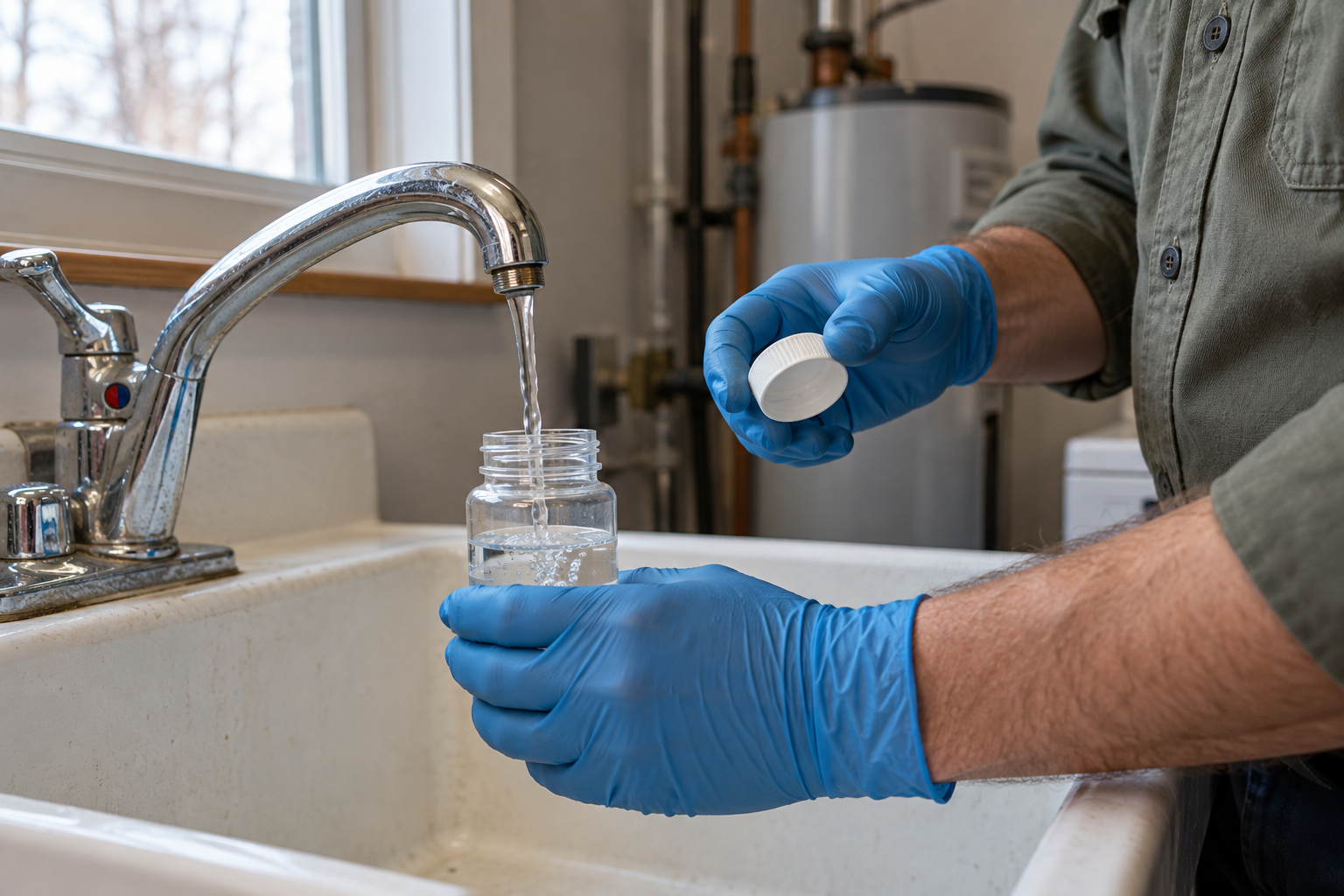 Water sample being collected for testing during a property investigation