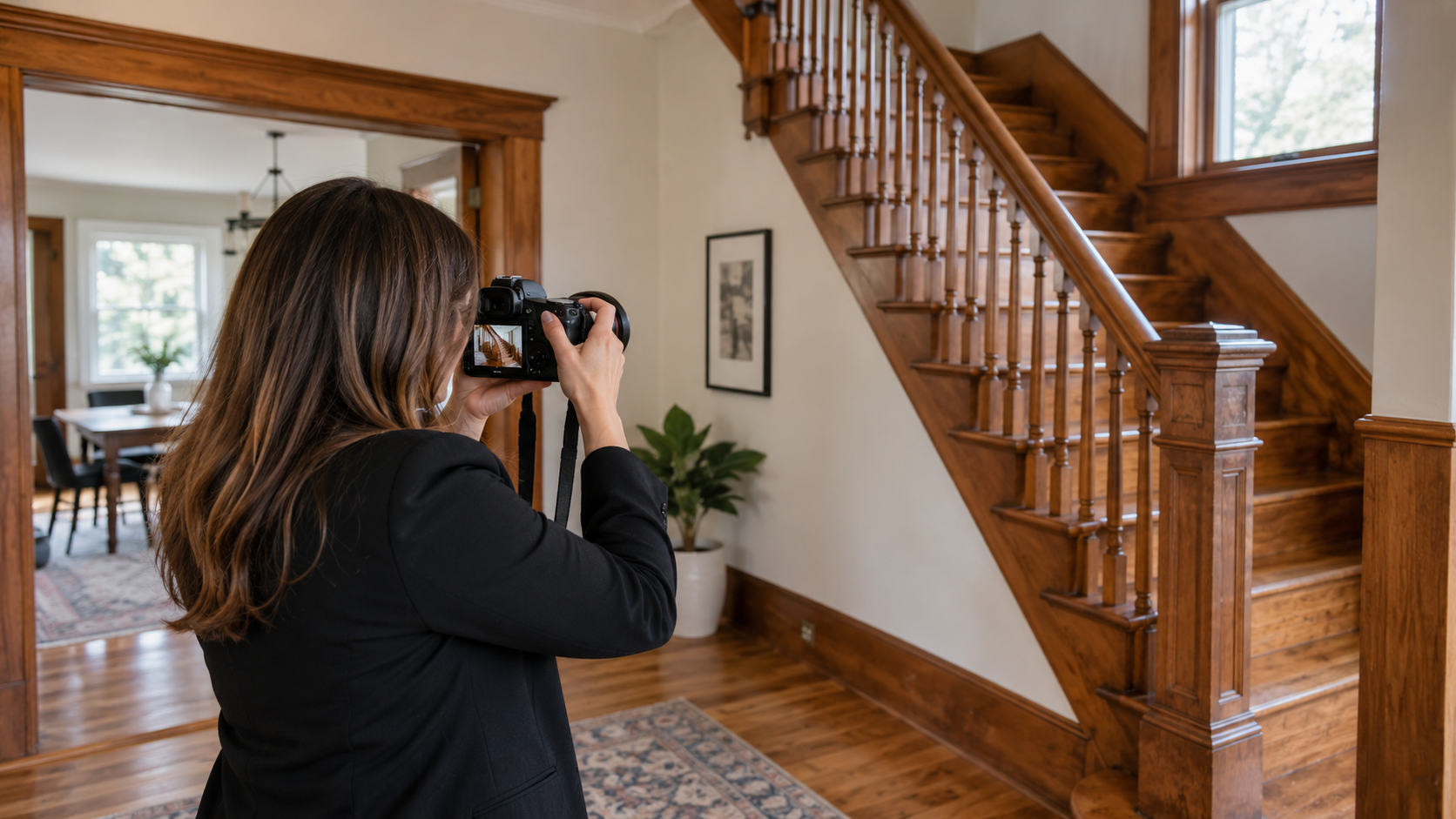 REALTOR® photographing a wood staircase inside a home for its listing.