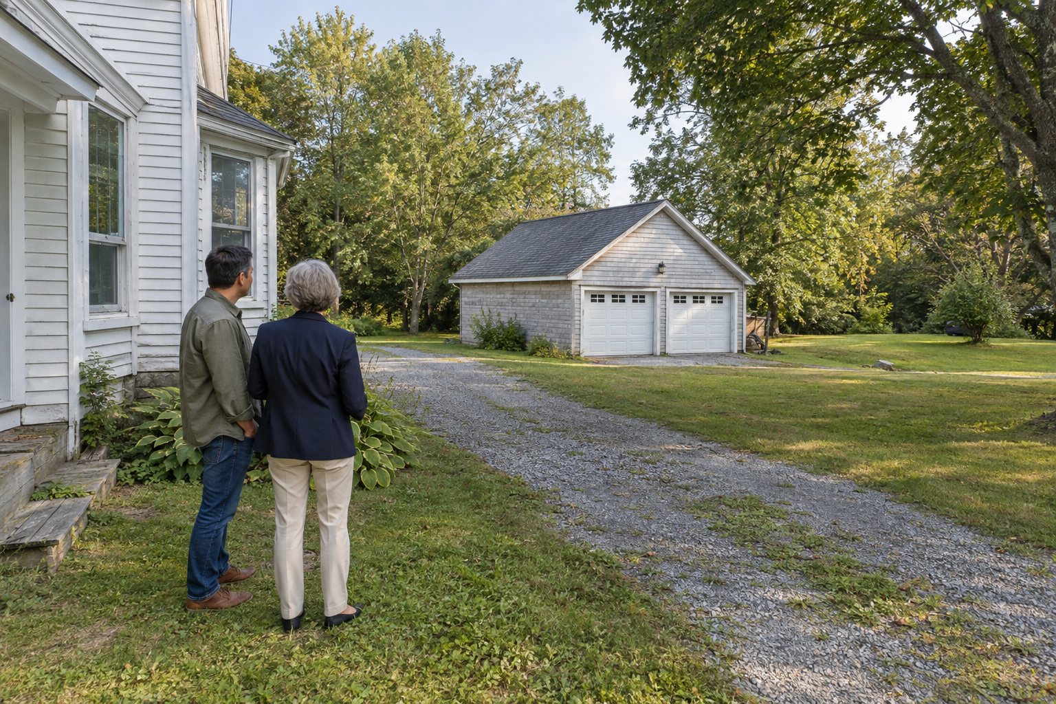 Buyer reviewing the house, garage and surrounding property before making an offer