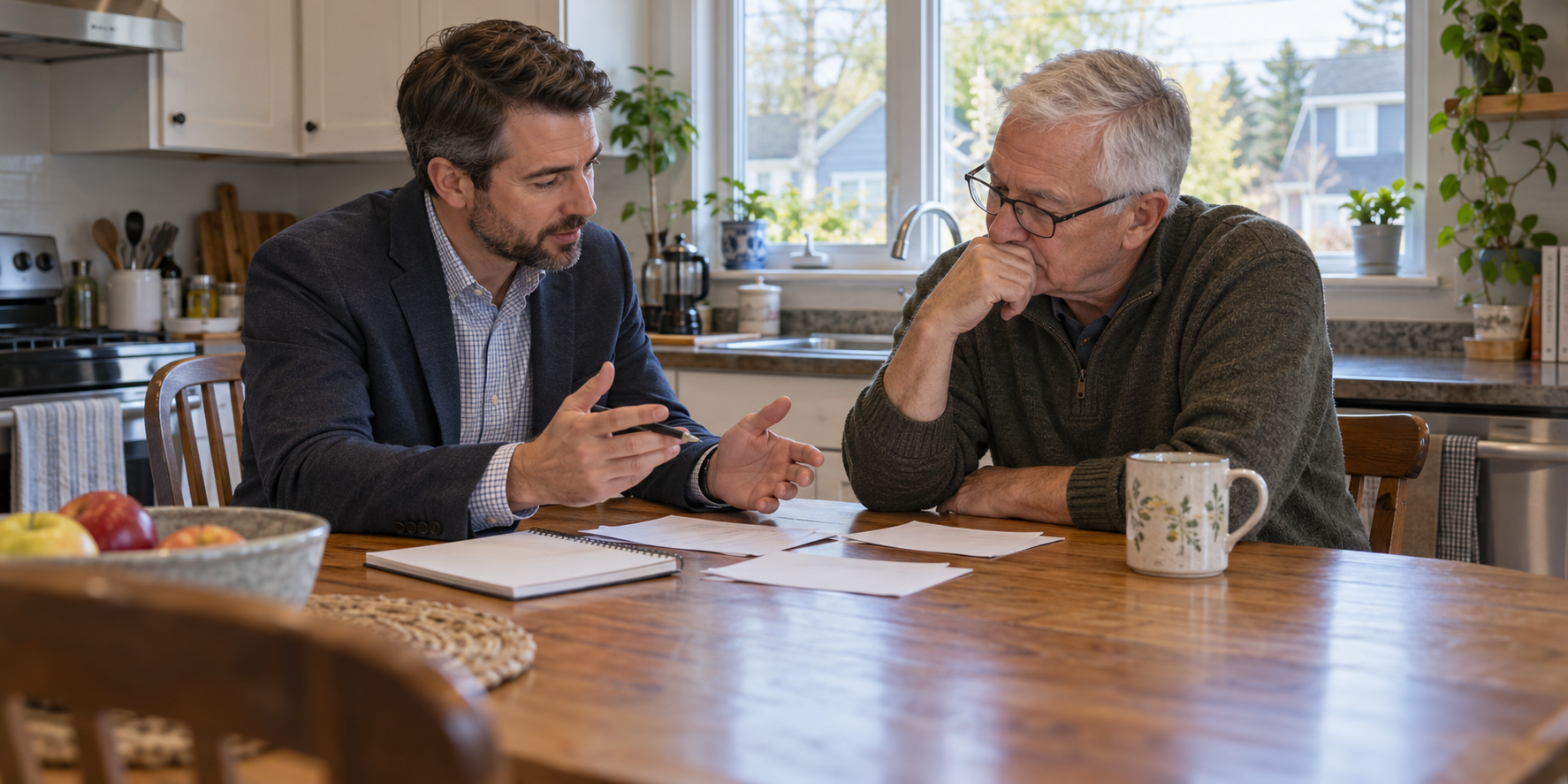 REALTOR® and homeowner discussing showing feedback at a kitchen table.