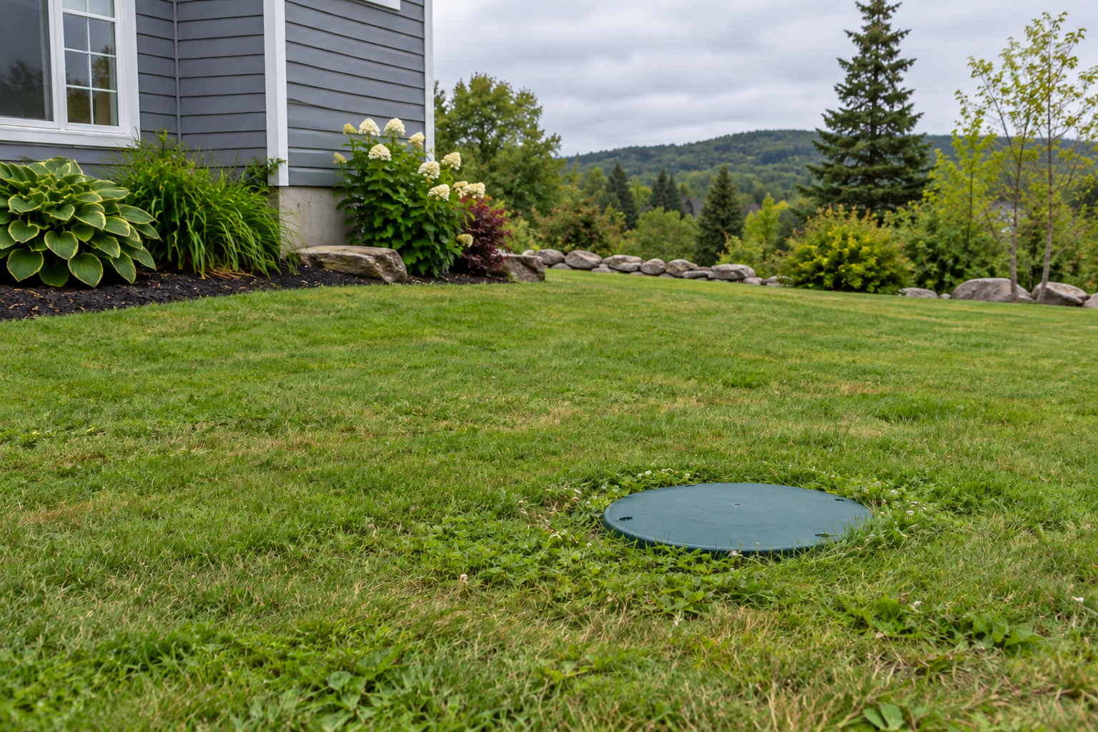 A green septic access cover visible in a residential lawn.