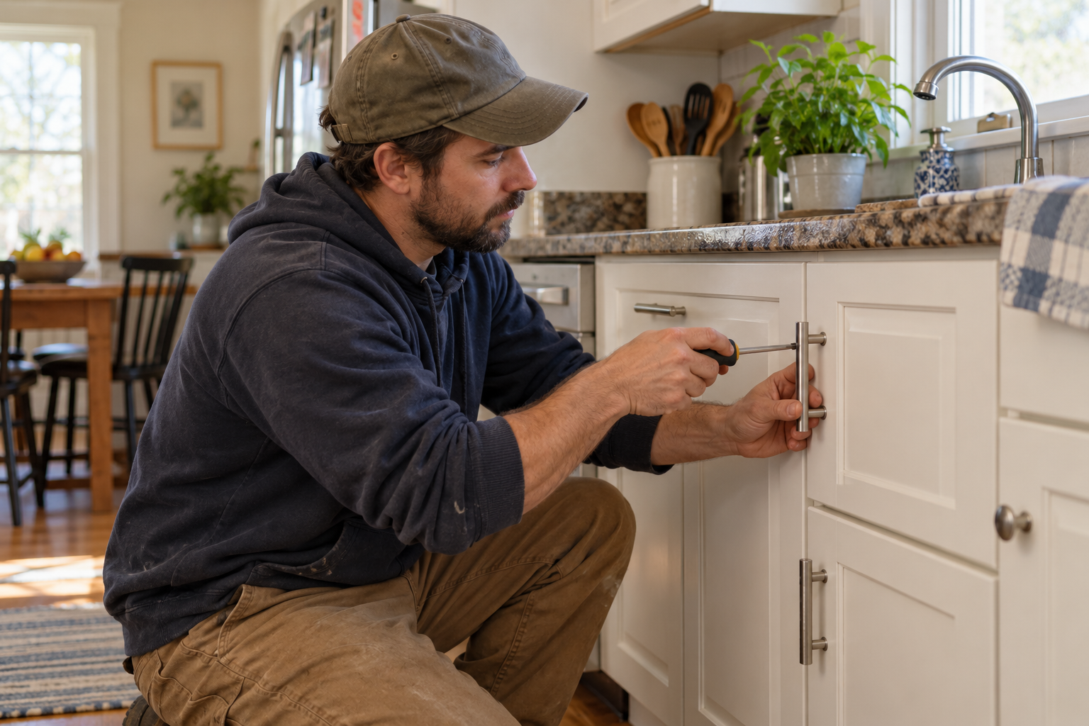 Home maintenance professional tightening a kitchen cabinet handle.