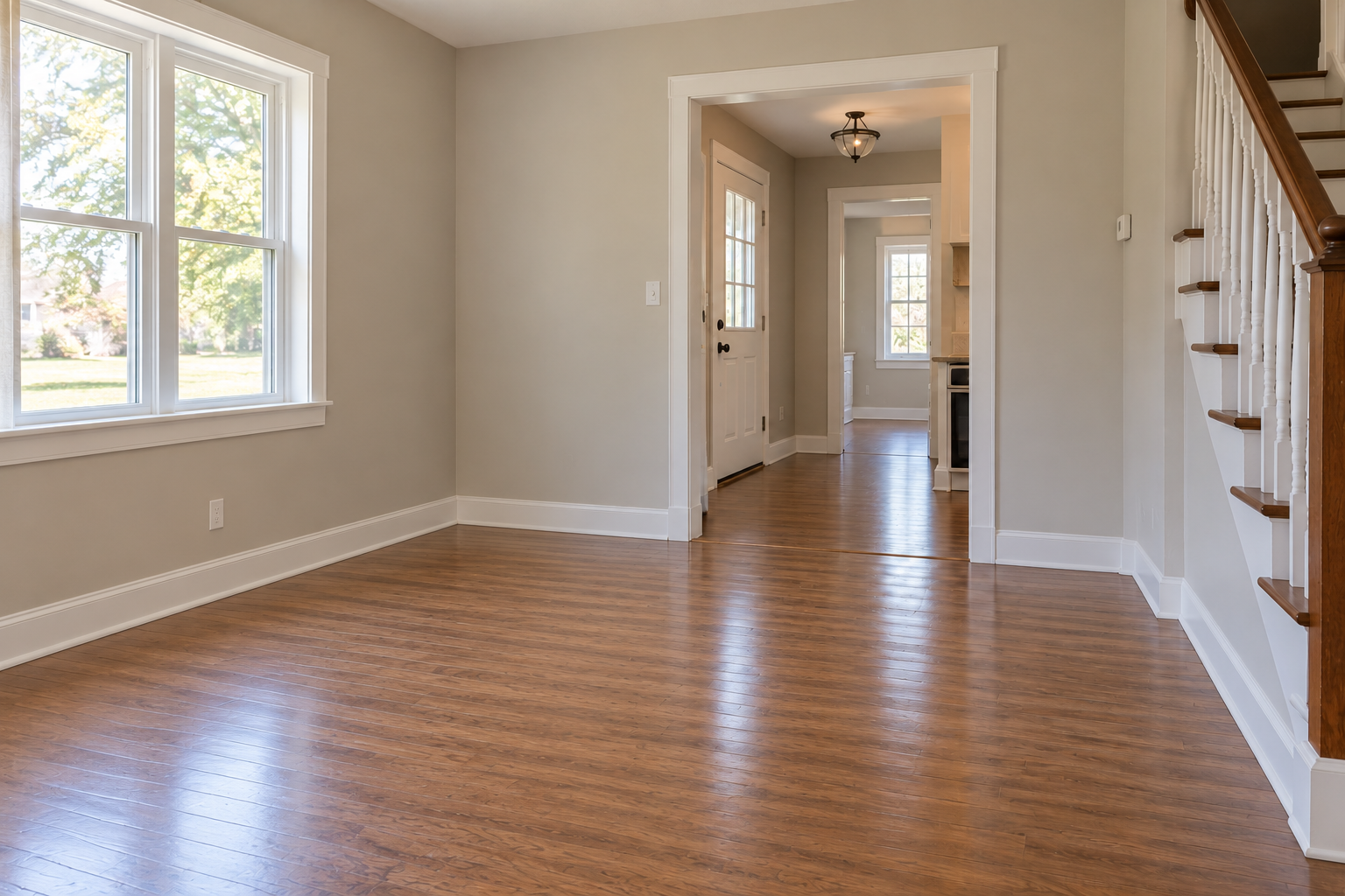 Empty home interior with clear floors and walkways, ready for inspection after the sellers have moved out.