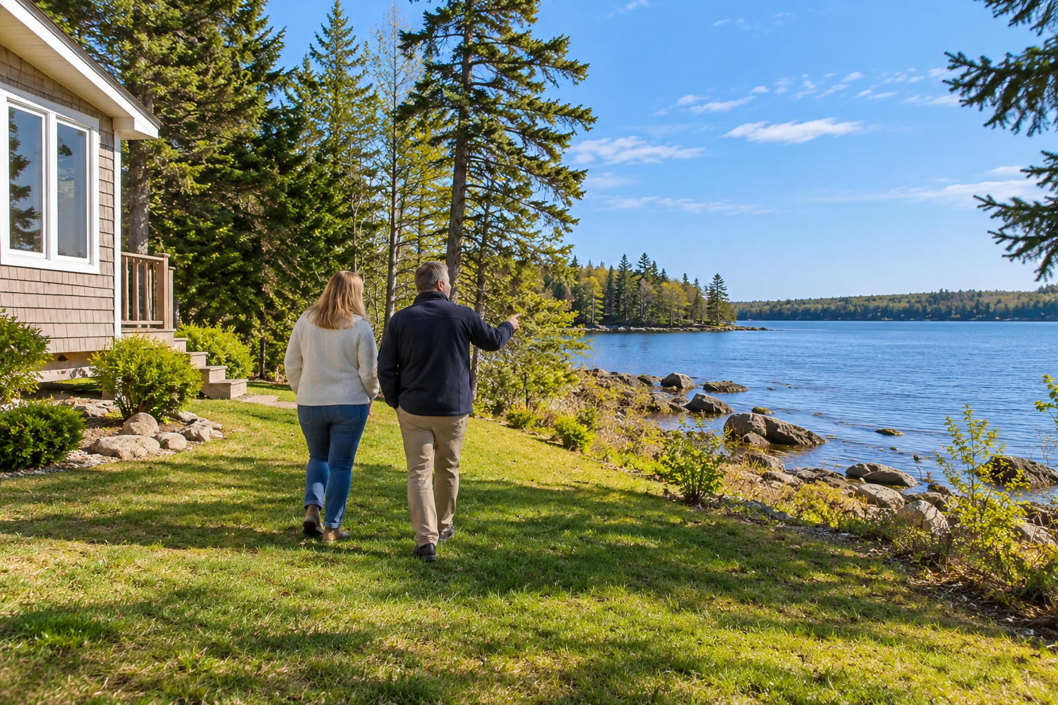 Buyer and real estate professional examining a waterfront property