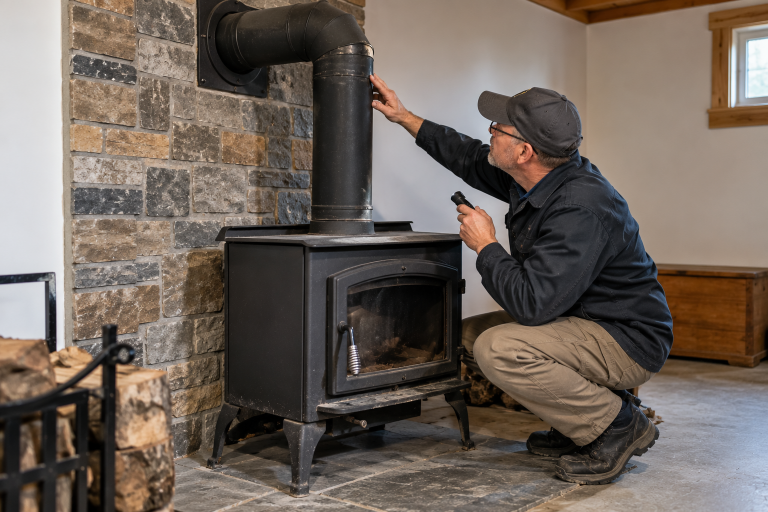 Professional examining the flue connection of a residential wood stove during an inspection